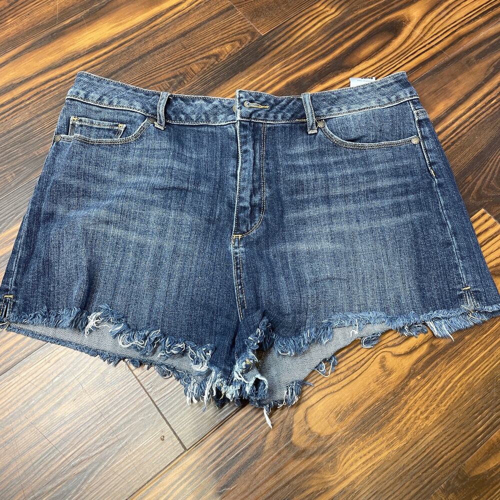 Paige Margot High Rise Denim Cut Off Medium Wash Shorts Frayed Hem